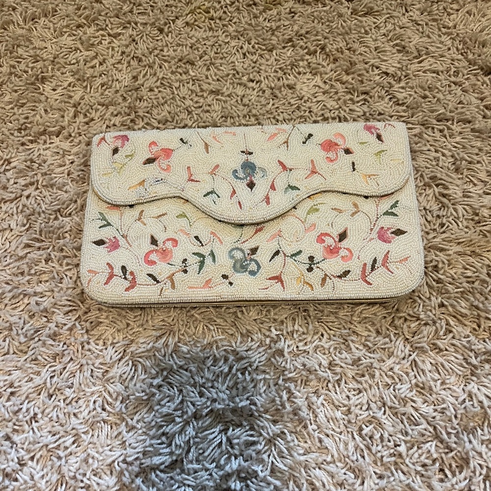 GORGEOUS Vintage Magid Clutch -hand beaded in France- Cream and Multicolor